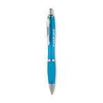 Cheap plastic pen with non-slip finish, blue ink turquoise colour view with print area