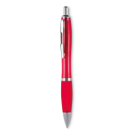 Cheap plastic pen with non-slip finish, blue ink transparent red colour