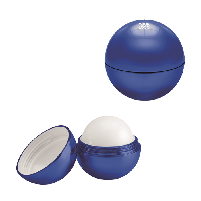 Ball-shaped lip balm in box, SPF 15 UV blue colour view with print area