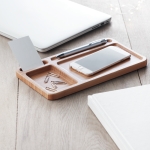 Bamboo desktop organiser with wireless charger wood colour ambient view