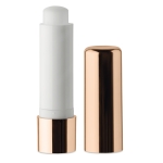 Lip balm stick in metallic container, SPF 15 UV champagne colour