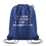 Drawstring bag made from recycled bottle plastic for sustainability blue colour main view