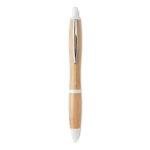 Bamboo pen with push button and ABS details, blue ink white colour