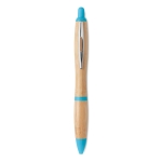 Bamboo pen with push button and ABS details, blue ink turquoise colour