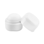 Ball-shaped lip balm in a box made of ABS, SPF 15 white colour