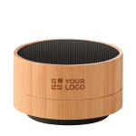 Round Bluetooth speaker made of bamboo view with print area