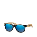 Sunglasses, bamboo temples & mirrored lenses, UV400 protection view with print area