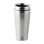 Double-walled thermos mug with sliding drink opening, 400 ml matt silver colour