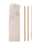 2 reusable bamboo drinking straws with cleaning brush and bag beige colour