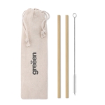 2 reusable bamboo drinking straws with cleaning brush and bag beige colour main view