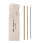 2 reusable bamboo drinking straws with cleaning brush and bag beige colour second main view