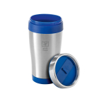 Affordable stainless steel and plastic thermos mug, 410 ml royal blue colour image with logo 4