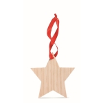 Wooden christmas star decoration with red ribbon for hanging wood colour