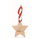 Wooden christmas star decoration with red ribbon for hanging wood colour main view