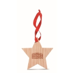 Wooden christmas star decoration with red ribbon for hanging wood colour second main view