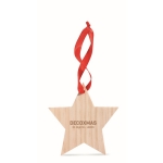 Wooden christmas star decoration with red ribbon for hanging wood colour third main view