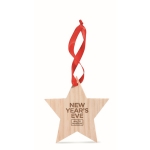 Wooden christmas star decoration with red ribbon for hanging wood colour