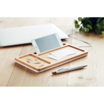 Desk organiser with phone charging station, bamboo surface white colour ambient view