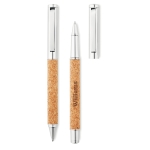 Ballpoint and rollerball pen set in sustainable cork housing wood colour fifth main view