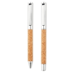 Ballpoint and rollerball pen set in sustainable cork housing wood colour sixth view