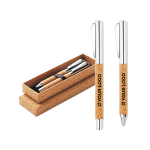 Ballpoint and rollerball pen set in sustainable cork housing view with print area