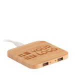 Wireless phone charger made from natural bamboo view with print area