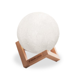 Original moon-shaped speaker with LED light on a wooden base view with print area