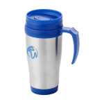 Cheap insulated steel mug with plastic interior, 400 ml blue colour