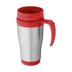 Cheap insulated steel mug with plastic interior, 400 ml red colour