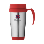 Cheap insulated steel mug with plastic interior, 400 ml red colour