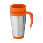 Cheap insulated steel mug with plastic interior, 400 ml orange colour