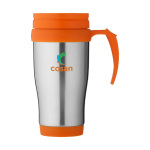 Cheap insulated steel mug with plastic interior, 400 ml orange colour