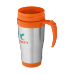 Cheap insulated steel mug with plastic interior, 400 ml orange colour