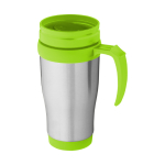 Cheap insulated steel mug with plastic interior, 400 ml lime colour