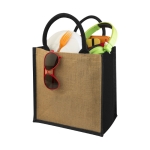 Jute tote bag with cotton cord handles black colour