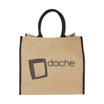 Jute tote bag with velcro closure and double handles black colour