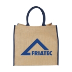 Jute tote bag with velcro closure and double handles blue colour