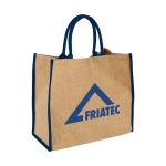 Jute tote bag with velcro closure and double handles blue colour