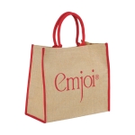 Jute tote bag with velcro closure and double handles red colour