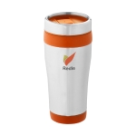 Cheap thermal mug from steel and plastic, 410 ml orange colour