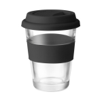 Glass takeaway cup with lid and silicone band, 350 ml black colour