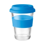 Glass takeaway cup with lid and silicone band, 350 ml blue colour