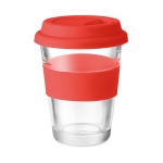 Glass takeaway cup with lid and silicone band, 350 ml red colour