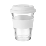 Glass takeaway cup with lid and silicone band, 350 ml white colour