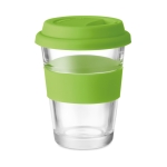 Glass takeaway cup with lid and silicone band, 350 ml lime colour