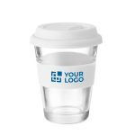 Glass takeaway cup with lid and silicone band, 350 ml view with print area