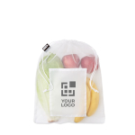 Fruit bag made from recycled plastic mesh with an inner pocket view with print area