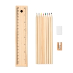 Set of coloured pencils, ruler and eraser in a box for students wood colour third view