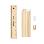 Set of coloured pencils, ruler and eraser in a box for students wood colour view with print area