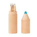 Set of 6 coloured pencils in a pencil shaped round wooden box wood colour second view